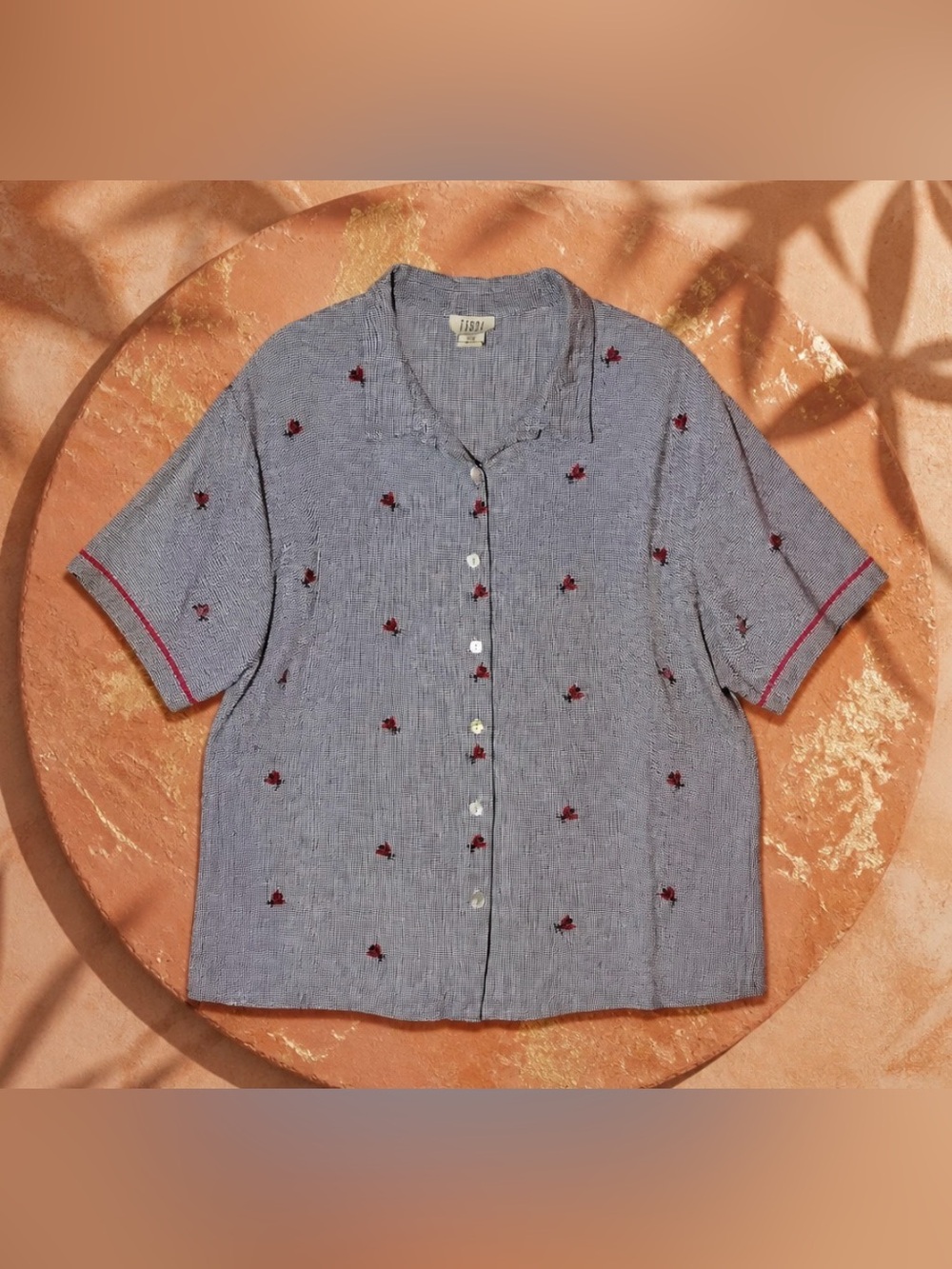 TEDDI Women Medium Black White Gingham Ladybug Embroidered Button Front Blouse